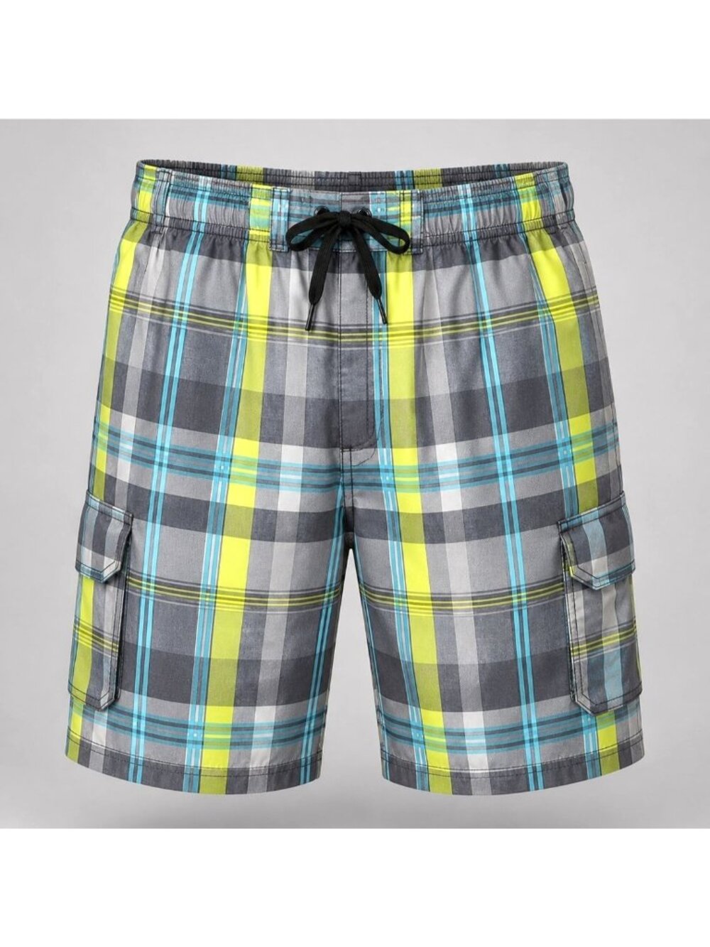Kanu Men's Size XL Shorts Plaid Surf Swim Yellow Gray Blue Cargo Pockets
